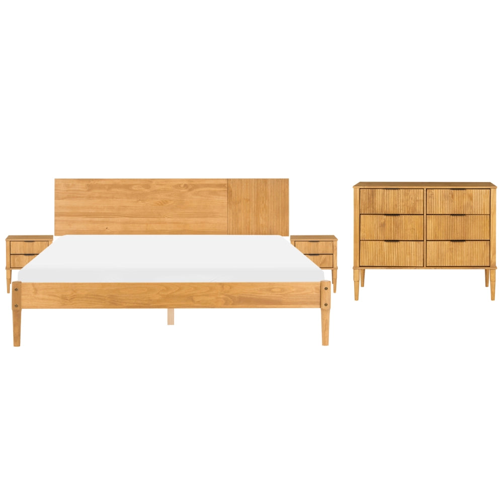Set da camera da letto in legno di pino con letto matrimoniale 2 comodini e cassettiera a 6 cassetti 180 x 200 cm marrone chiaro stile scandinavo