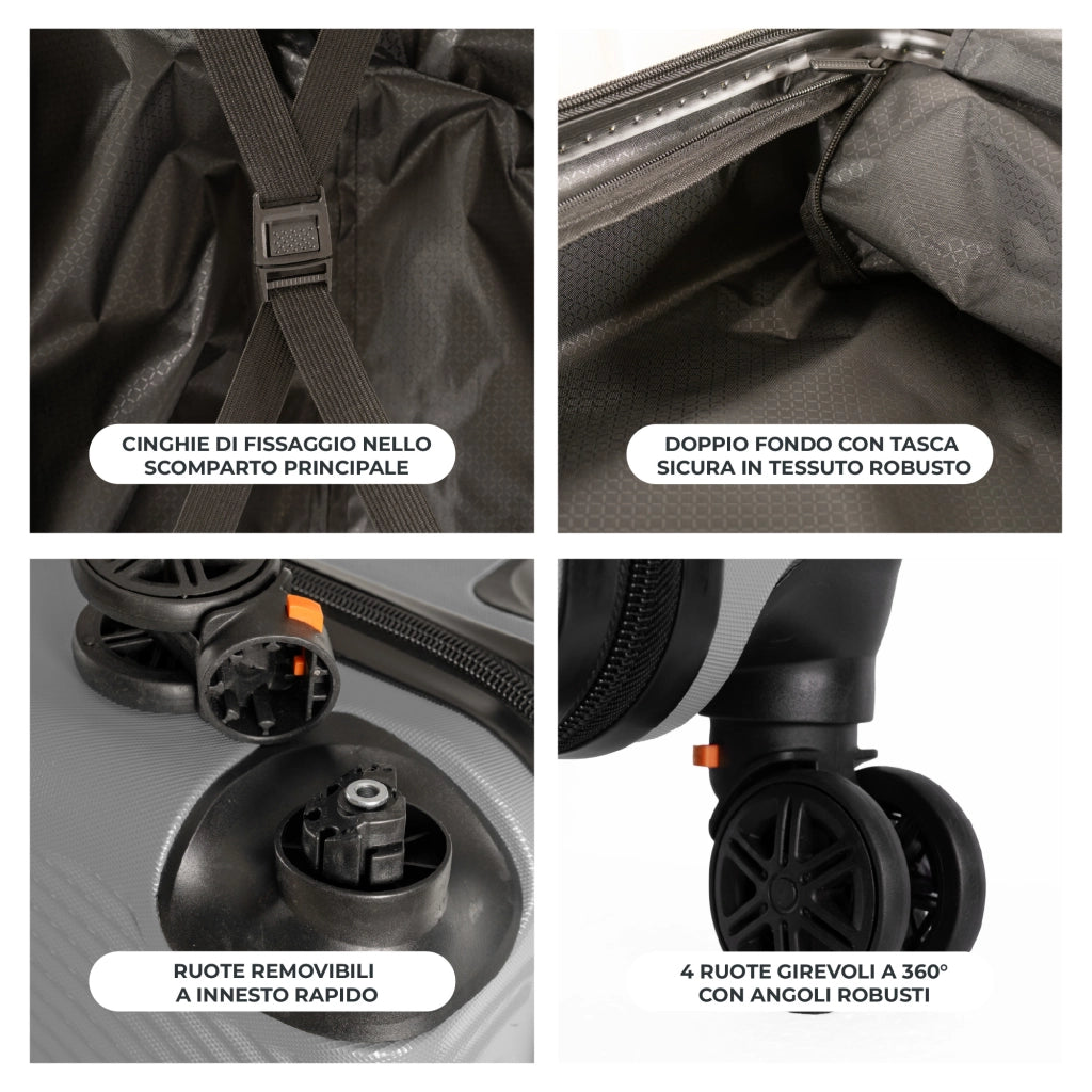 Trolley Bagaglio Mano Rigido 54x33x22 Piccolo Ultraleggero Valigia In Abs Con 4 Ruote Rimovibili Manico Chiusura Di Sicurezza Per Compagnie Low Cost Economy Zaino Da Viaggio Grigio