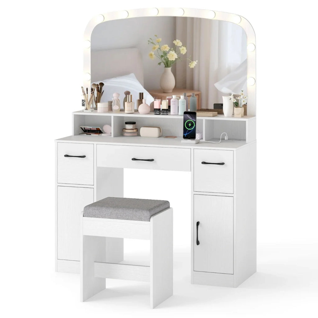 Toeletta con specchio e illuminazione 108 x 40 x 149 cm moderna stazione di ricarica ergonomica in legno bianco 20_0011515