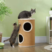 Tiragraffi a botte per gatti, doppio livello, rivestimento in peluche e superficie in sisal, Ø35 x 60H cm, marrone
