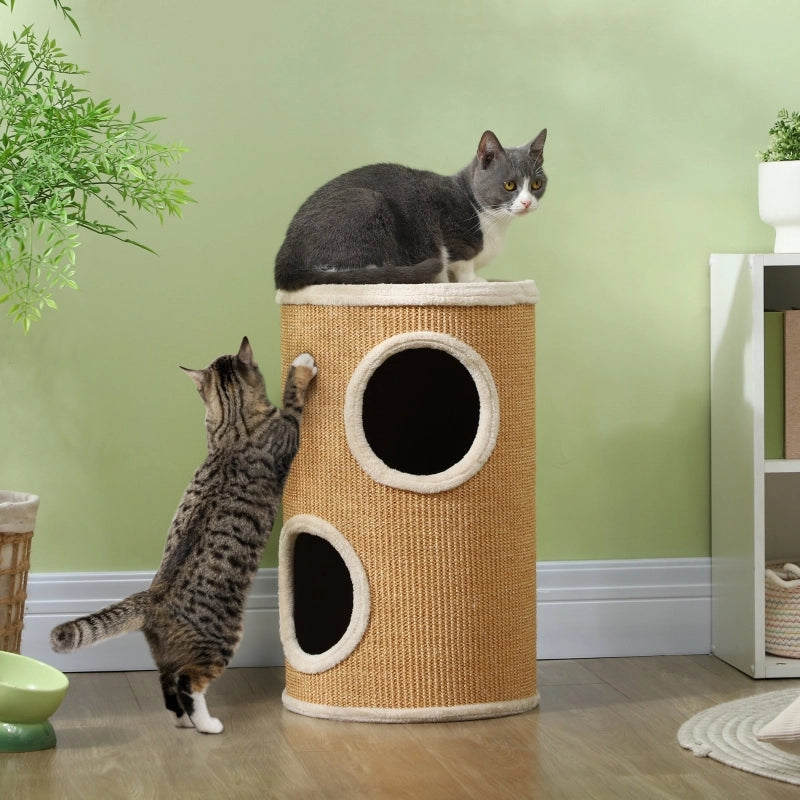 Tiragraffi a botte per gatti, doppio livello, rivestimento in peluche e superficie in sisal, Ø35 x 60H cm, marrone