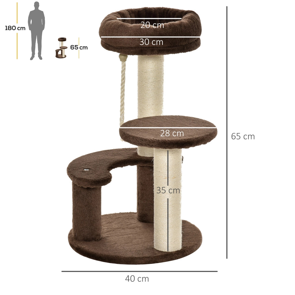 Albero Tiragraffi per Gatti a 3 Livelli con Lettino in Peluche e Pali in Sisal, ?40x65 cm, Marrone