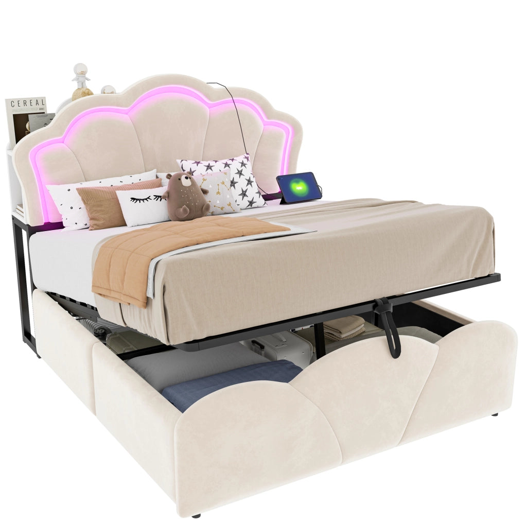 Letto imbottito 140x200 cm con contenitore idraulico; LED e vani nella testiera in velluto beige