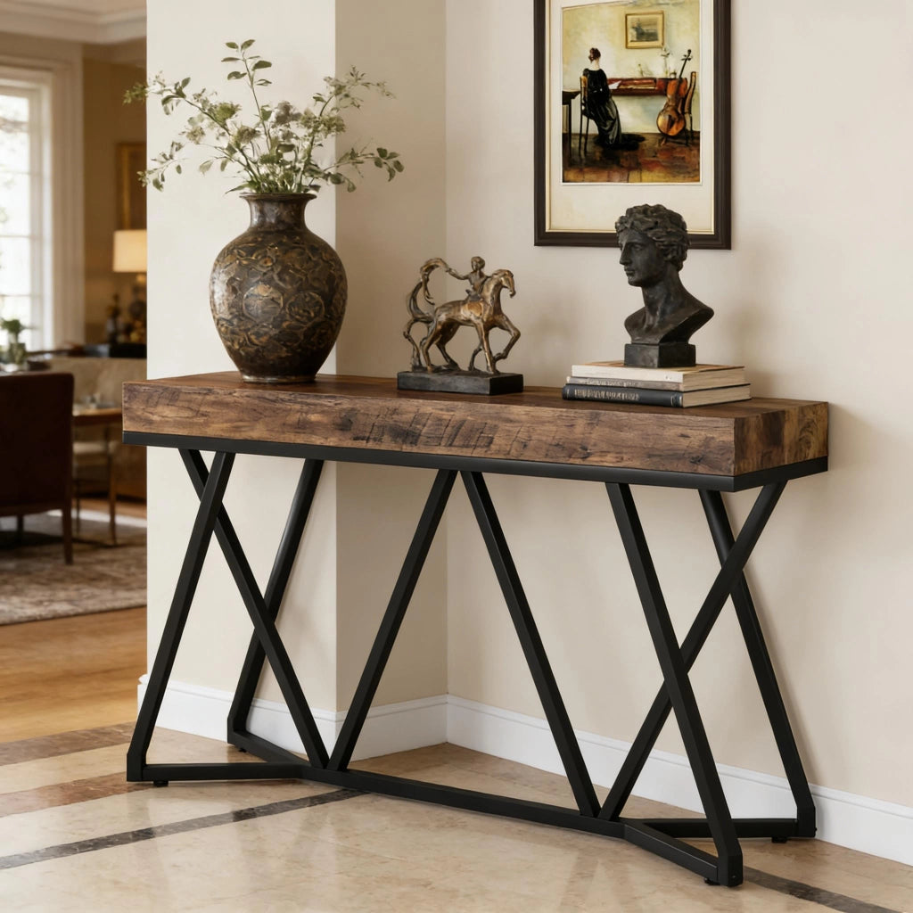 Consolle industriale in MDF e metallo, piano effetto legno per ingresso e soggiorno, nero e marrone rustico, 140 × 30 cm