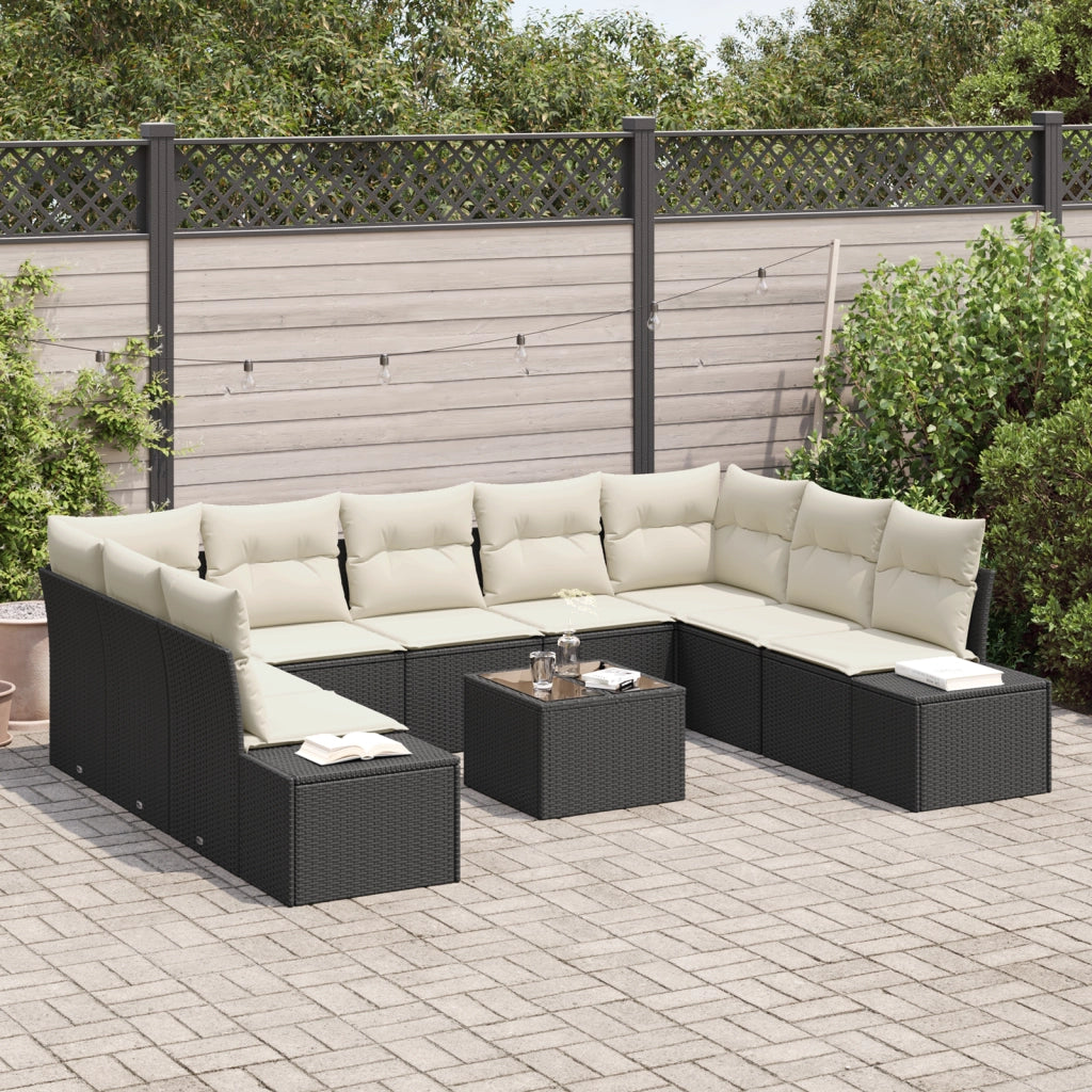 Set di Divani da Giardino da 9 Pezzi con Cuscini Rattan Poliestere Marrone