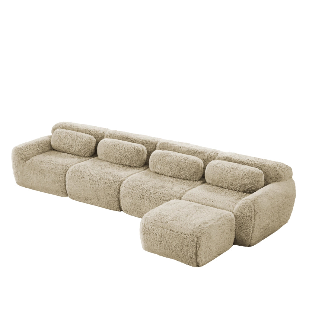 Divano Angolare 4 Posti con Chaise Longue ¨C Xylo ¨C Tessuto Morbido, Cuscini, Beige Chiaro