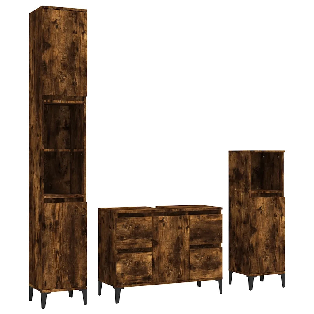 Set Mobili da Bagno | Armadio da bagno 3 pz Rovere Fumo in Legno Multistrato