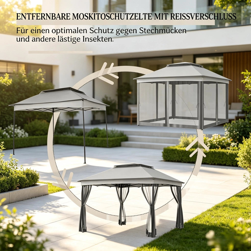 GAZEBO con doppio tetto 3,25 x 3,25 x 2,7 m nero/grigio-marrone