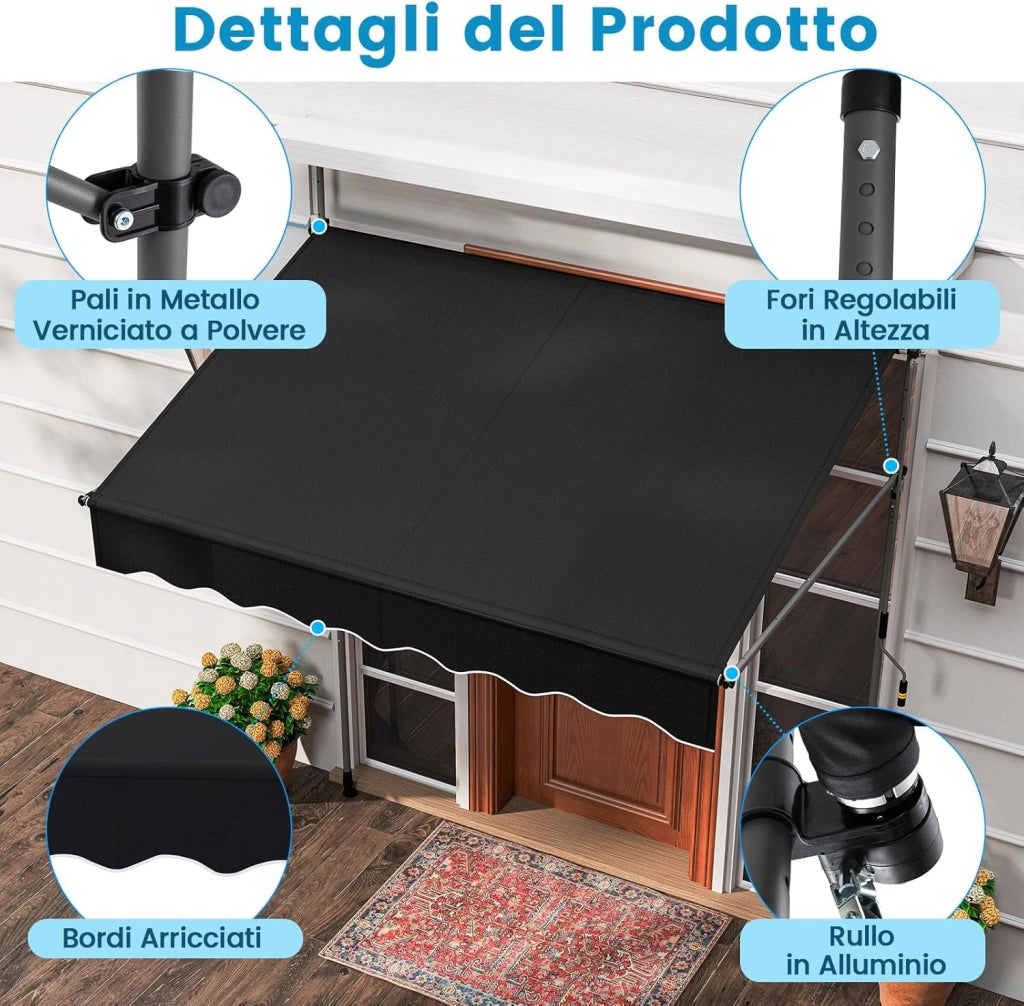 Tenda da Sole a Morsetto, Tenda per Balcone Senza Foratura Altezza e Inclinazione Regolabili con Manovella, Telo Impermeabile e Resistente ai Raggi Solari e Telaio Antiruggine (2M,Nero)