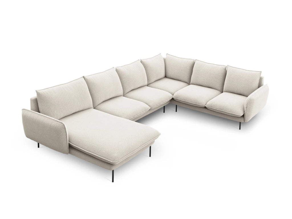 Cosmopolitan Design - Divano panoramico destro "Vienna" 7 posti in tessuto strutturato beige chiaro 
