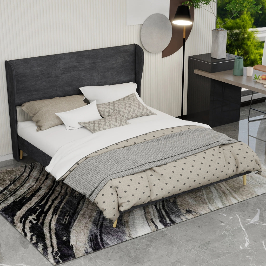 Letto Matrimoniale 160x200 cm con Testiera Imbottita in Tessuto e Metallo; Grigio