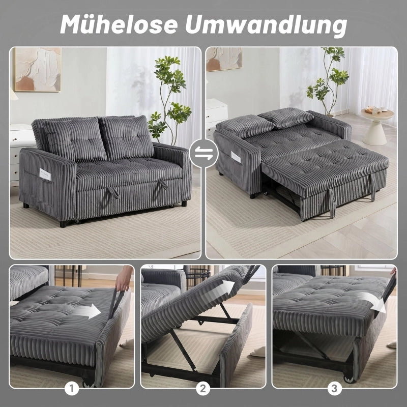 Divano letto 2 posti convertibile 3 in 1 con schienale regolabile, cuscini e tasche laterali in poliestere grigio scuro 190 × 126 cm