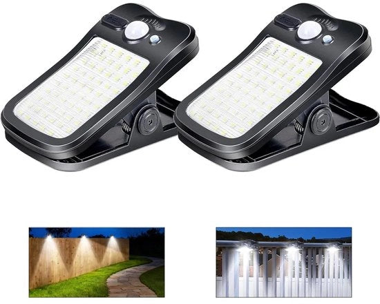 Lampione esterno alimentato da pannelli solari con fissaggio clip, 3 impostazioni, 60 LED, 500 lumen, impermeabile, portatile, adatto per cancelli, giardini, garage, campeggio, ecc., ricaricabile via USB, set da 2, colore nero.