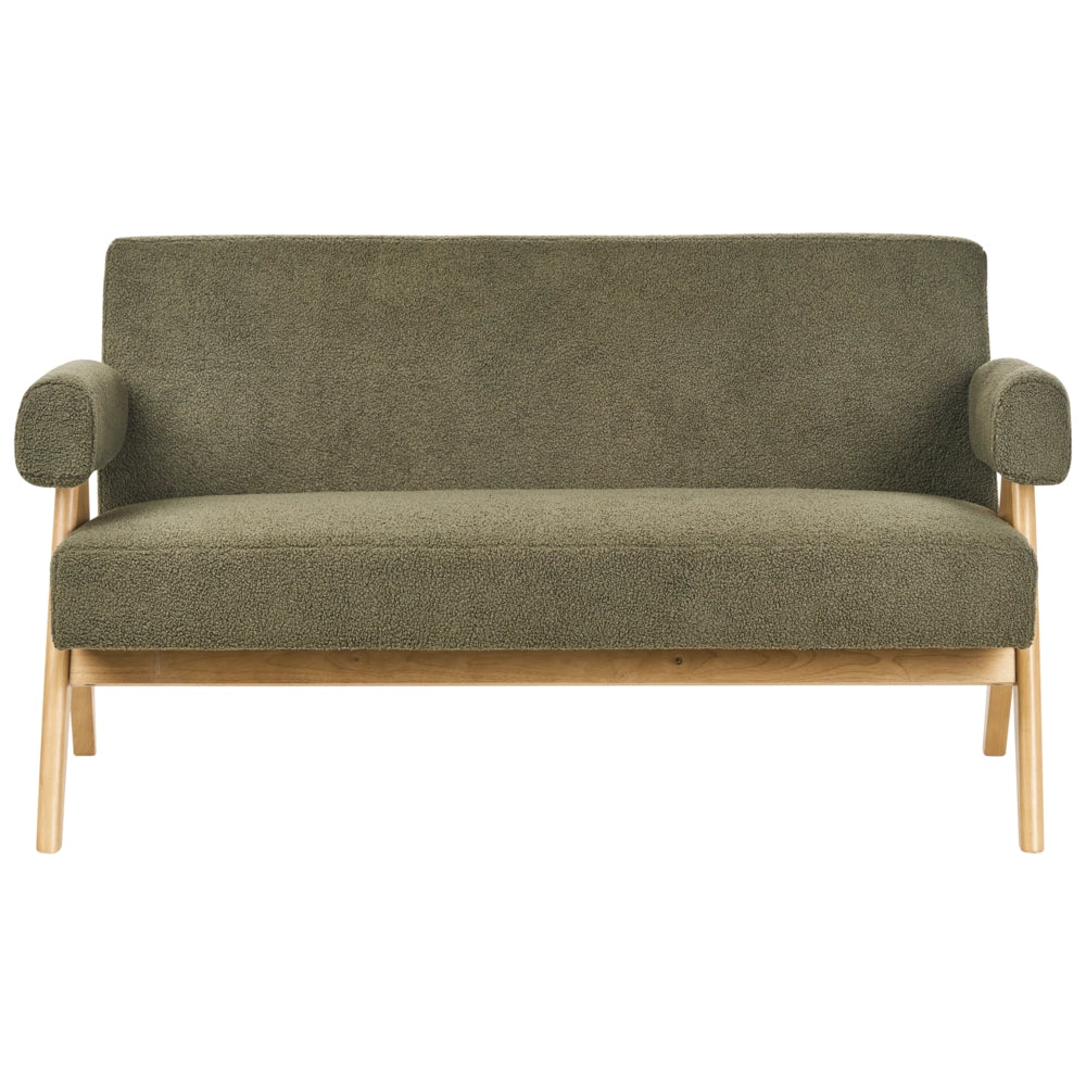Set di divani Verde e marrone chiaro Divano a 2 posti Panca Boucle Rivestimento Retro Design Gambe di legno Soggiorno
