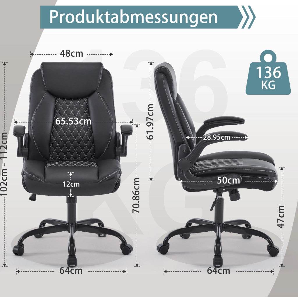 Sedia ufficio ergonomica con supporto lombare; braccioli ribaltabili; pelle nera
