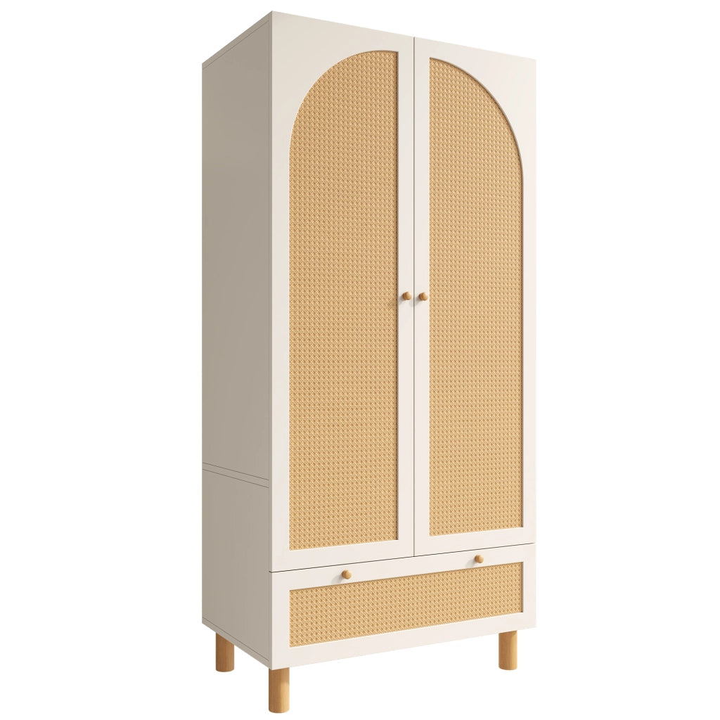 Armadio Guardaroba Bianco 180×85×52 cm con 2 Ante in Rattan; Barra Appendabiti; Ripiani Regolabili e Cassetto