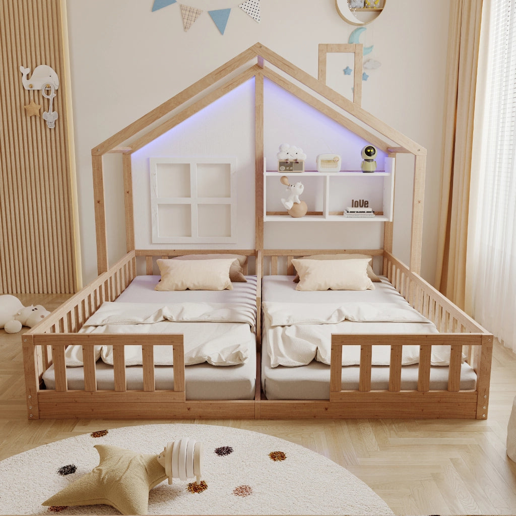 Letto doppio per bambini a forma di casetta 90x200 cm con LED e sponde di sicurezza