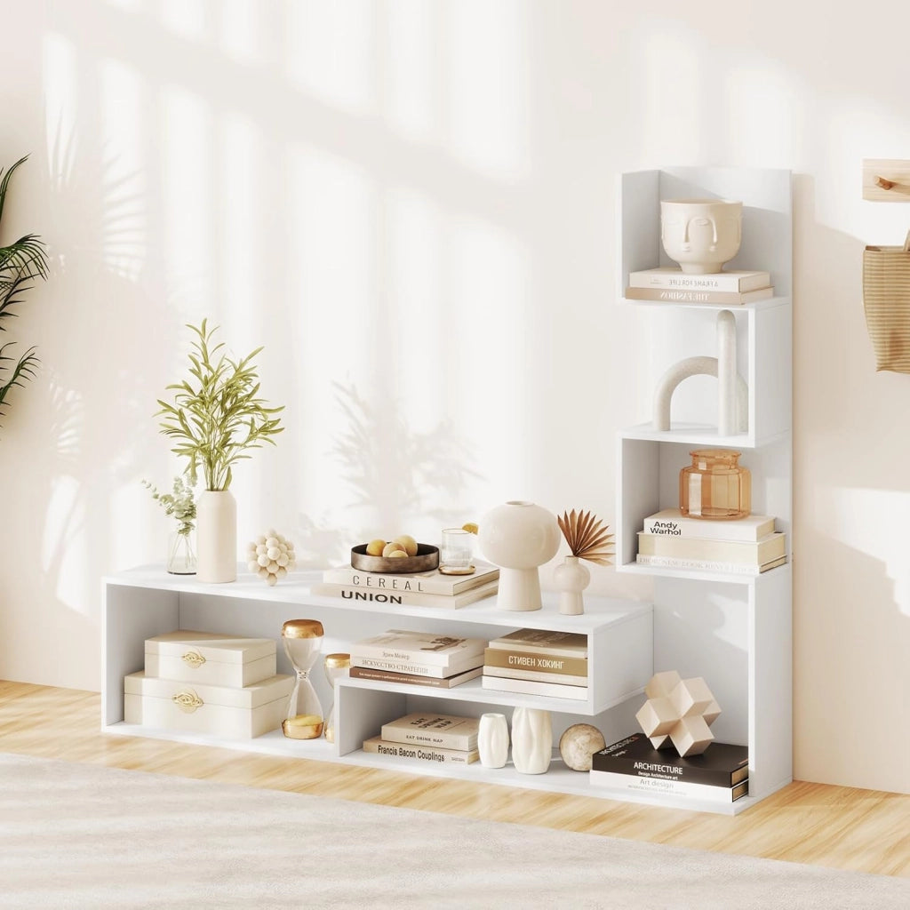 Mobile TV Soggiorno con Mensole a Forma di L e Scomparti Aperti, Mobiletto Multifunzione per Televisione fino a 50”, Mobile Porta TV e Libri in Legno per Camera da Letto, Ingresso (Bianco)
