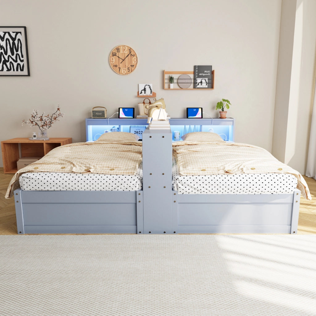 Letto combinato 90/180 × 200 cm con prese, LED, contenitore idraulico, senza materasso, in MDF, grigio