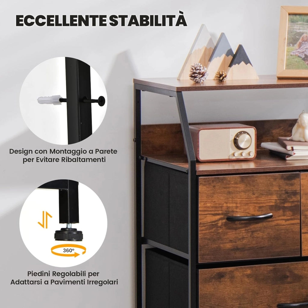 Cassettiera a 4 Cassetti con Ripiano, Mobile da Terra con Telaio in Metallo e Cesti in Tessuto, Mobile Stile Industriale per Soggiorno, Ingresso, Camera da Letto, 60 x 39 x 96 cm
