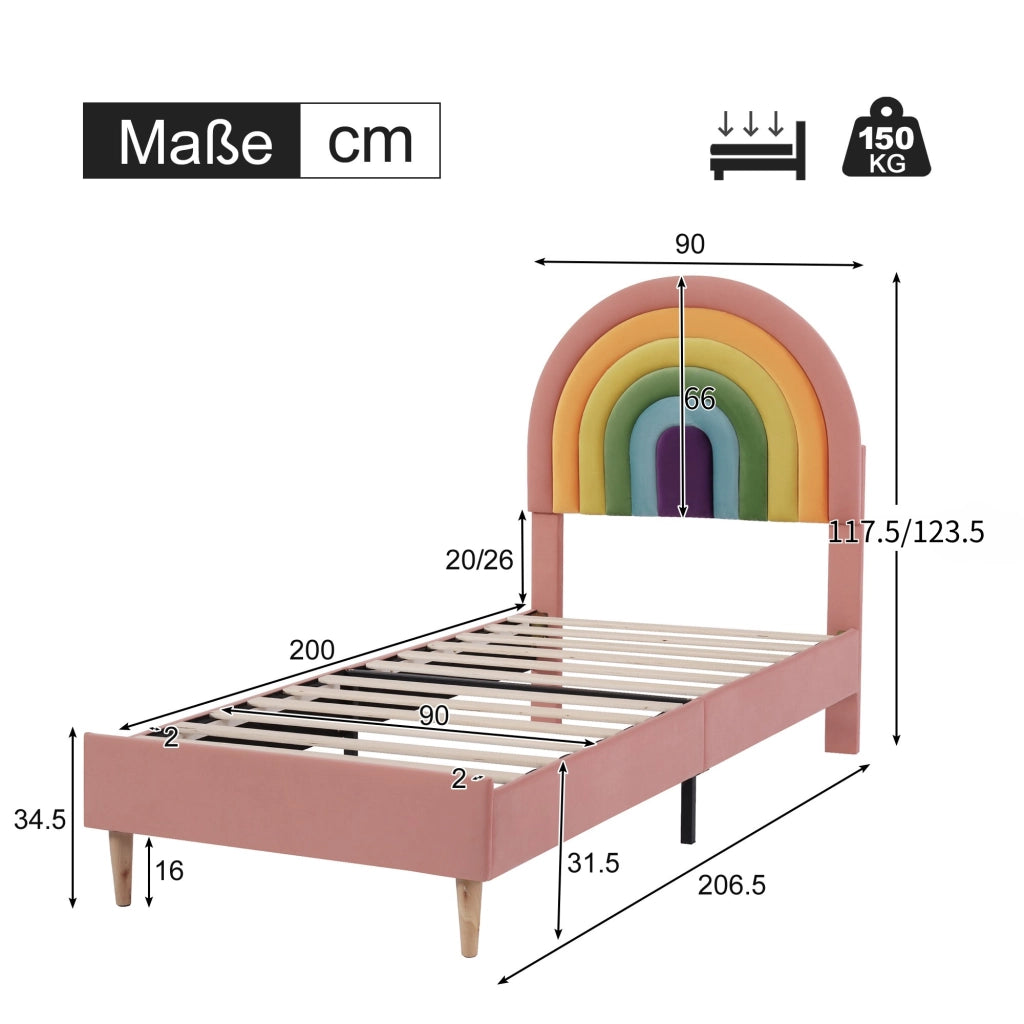 Letto imbottito 90x200 cm in velluto rosa con rete a doghe, testiera regolabile e struttura stabile