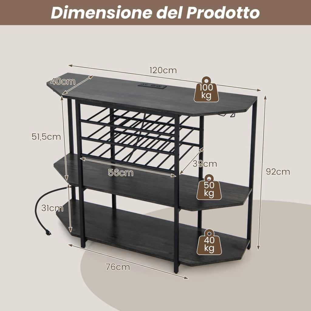 Mobiletto Portabottiglie da Vino a 3 Livelli, con Ripiani di Stoccaggio, Porta Bicchieri, Porta Bottiglie, Prolunghe Elettriche, per Soggiorno Cucina, Bar, 120 x 40 x 92 cm (Grigio Scuro)