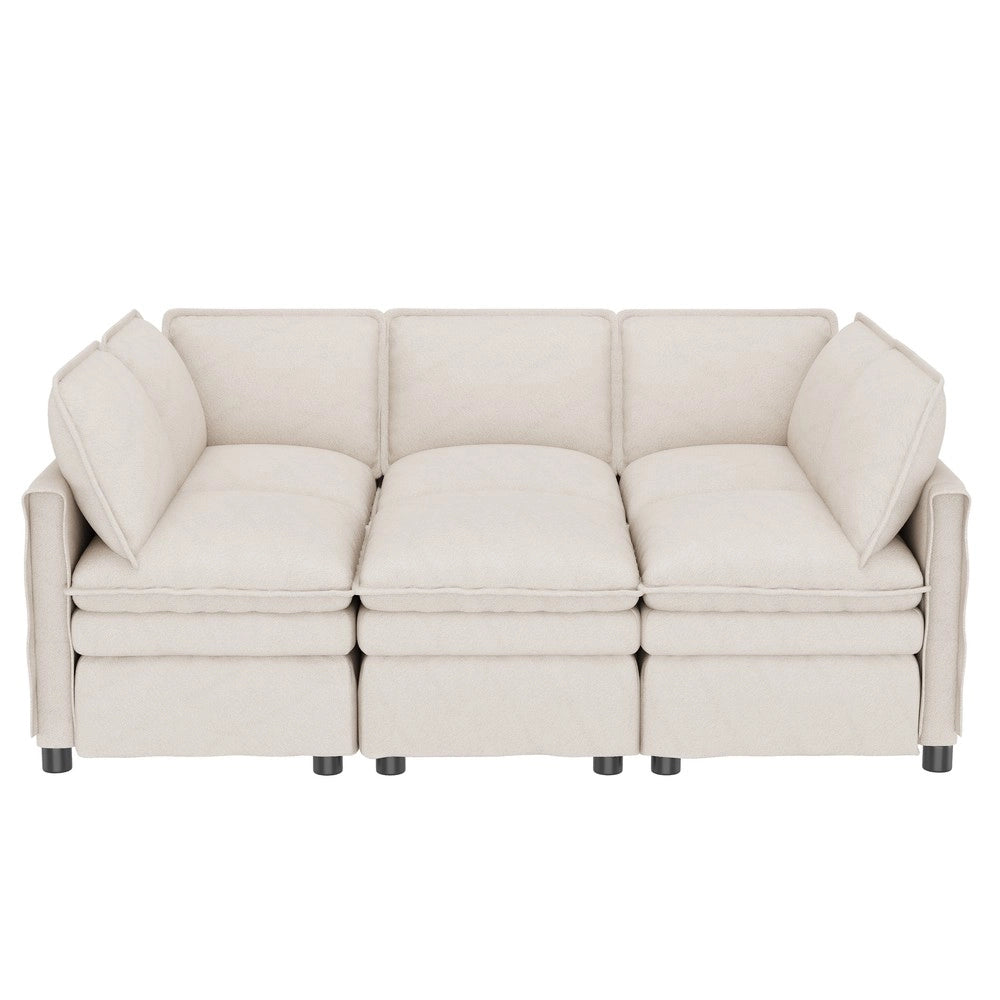 Divano letto angolare modulare ¨C Minimal ¨C beige in tessuto chenille con cuscini, cassetti e sgabello mobile