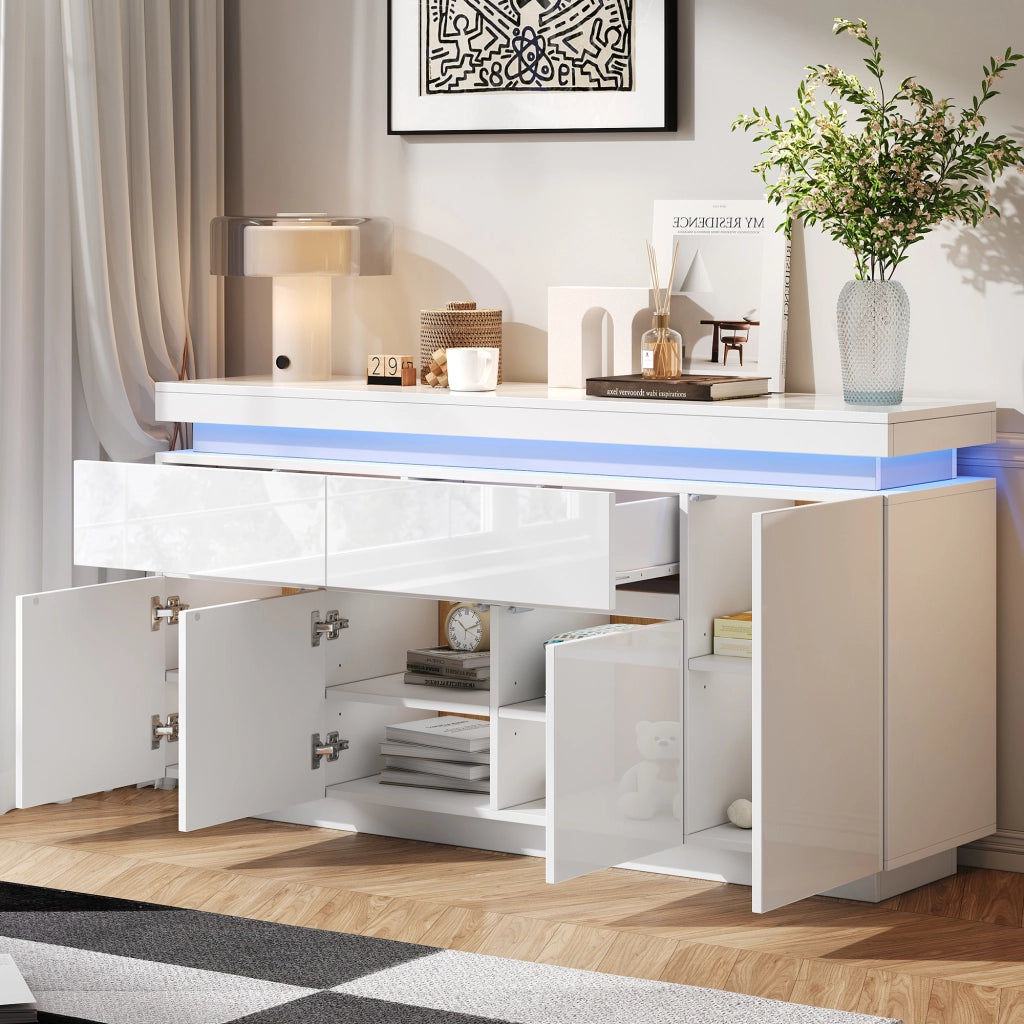 MADIA 140x35x72,5 cm Bianco lucido con 4 ante 2 cassetti e LED