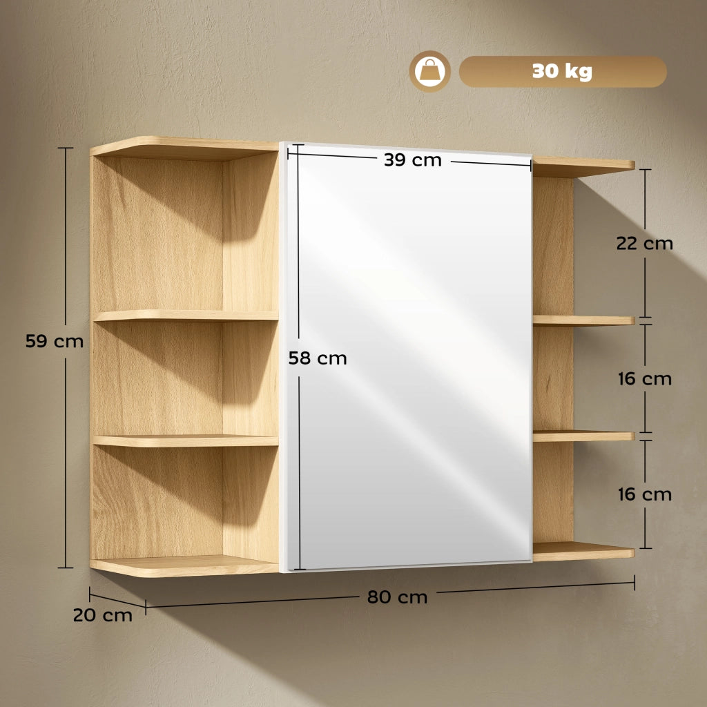 Specchiera Bagno con Armadietto a 2 Ripiani e 6 Vani Aperti. 80x20x59 cm. Legno