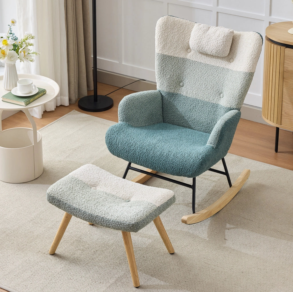 Poltrona a dondolo bouclé multicolore 95x83x65，5 cm con poggiapiedi