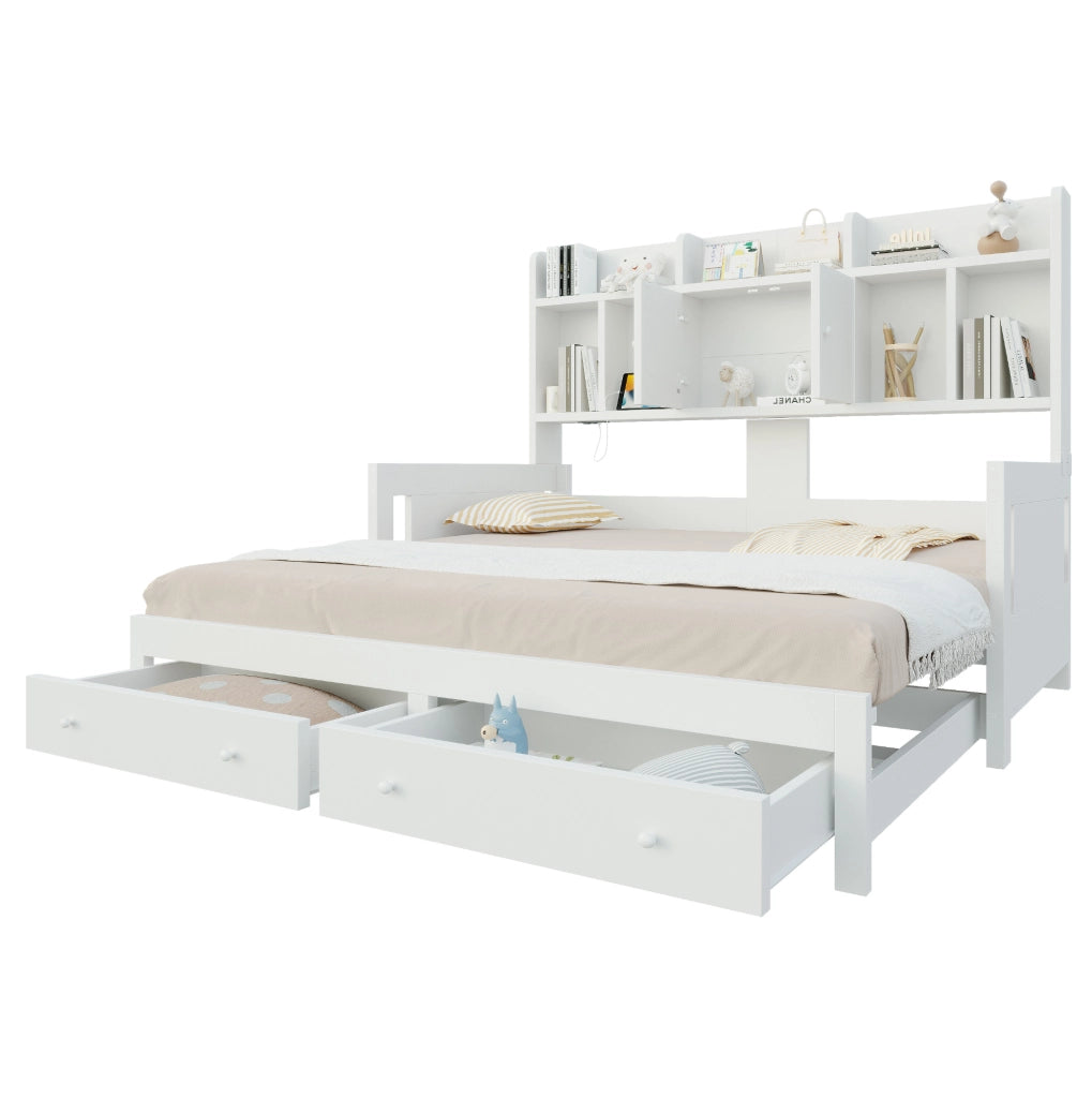 Divano letto estraibile 90x190 cm con contenitore; prese e LED in legno bianco