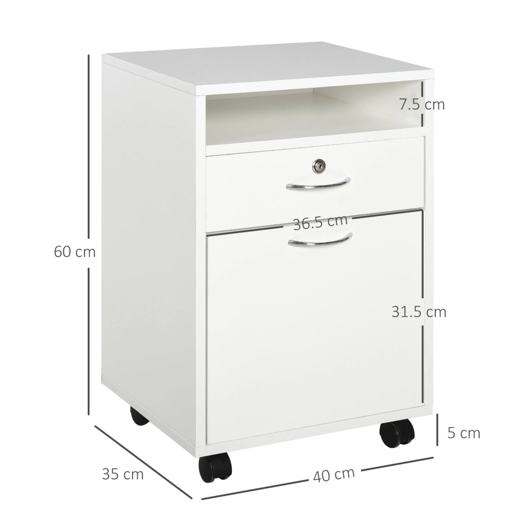 EasyComfort Schedario da Ufficio con Cassetto, Ruote a Freno e Ripiano Aperto, Cassettiera Ufficio con Serratura e 2 Chiavi per Lettera/Legale/Formato A4, Armadietto per Studio, 40x35x60cm, Bianco