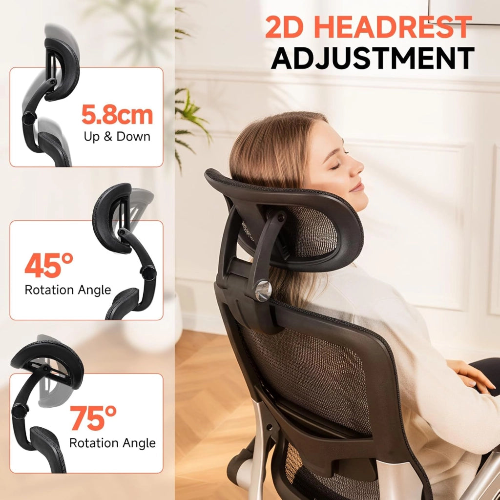 Sedia da ufficio ergonomica da scrivania con mesh, poggiatesta 2D, braccioli 4D, schienale alto con bilanciere e bloccaggio (90-125°), seduta extra larga, portata 180 kg, colore nero