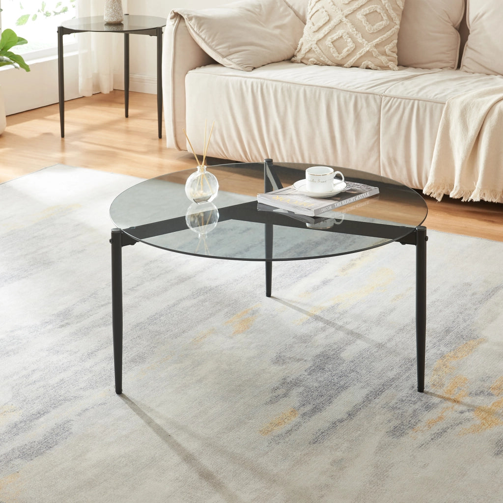 Tavolino da Salotto Ulökantaa con Piano Rotondo in Vetro Fumé - Grigio [en.casa]
