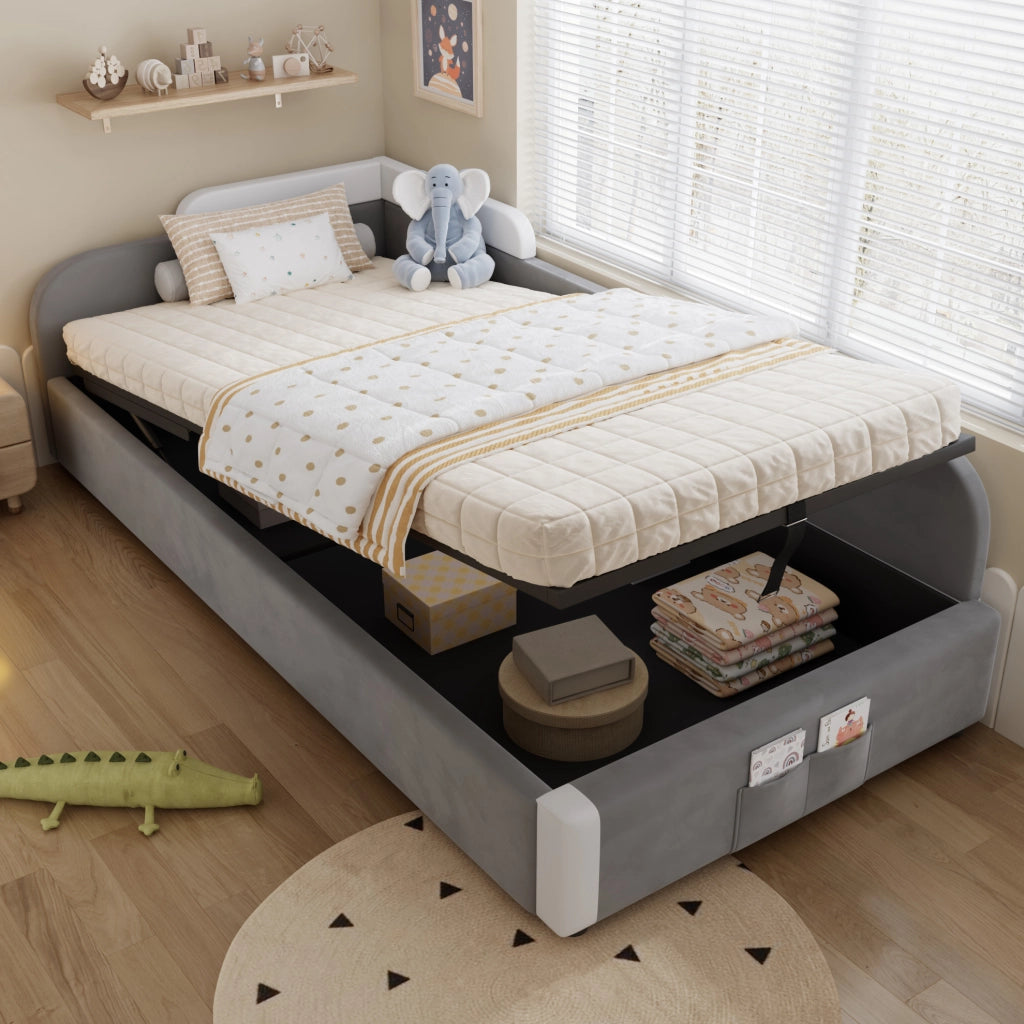 Letto imbottito 90x200 cm con contenitore idraulico in velluto e compensato