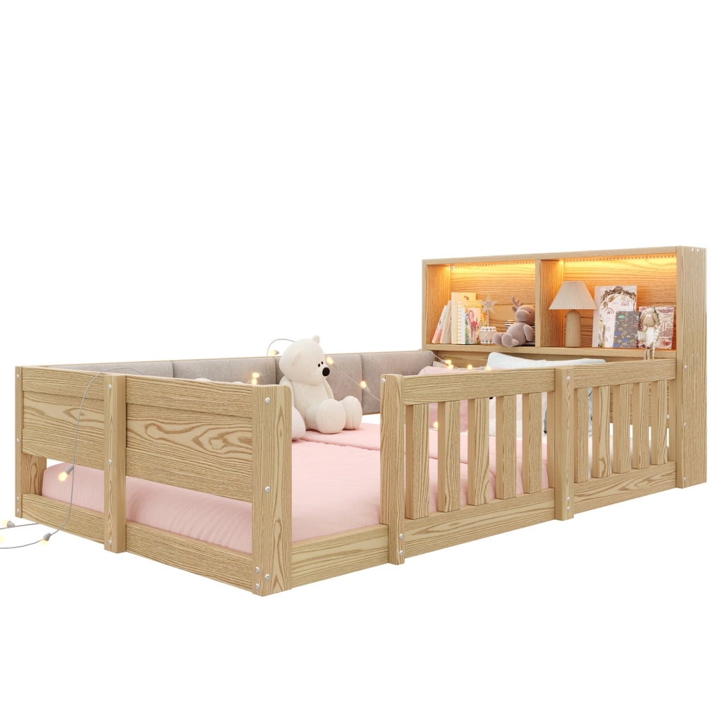 Letto per bambini 90x200 cm con sponde; testiera con spazio contenitore e luci LED; naturale