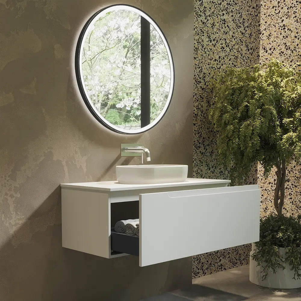 Mobile bagno sospeso 100 cm un cassetto bianco opaco con top  | Moor