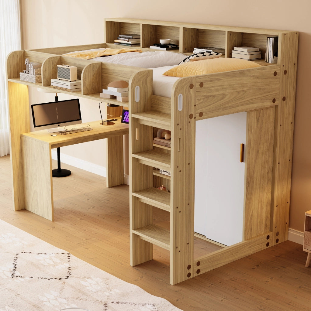 Letto a soppalco multifunzionale 90x200 cm in legno naturale con scrivania; armadio; LED e presa