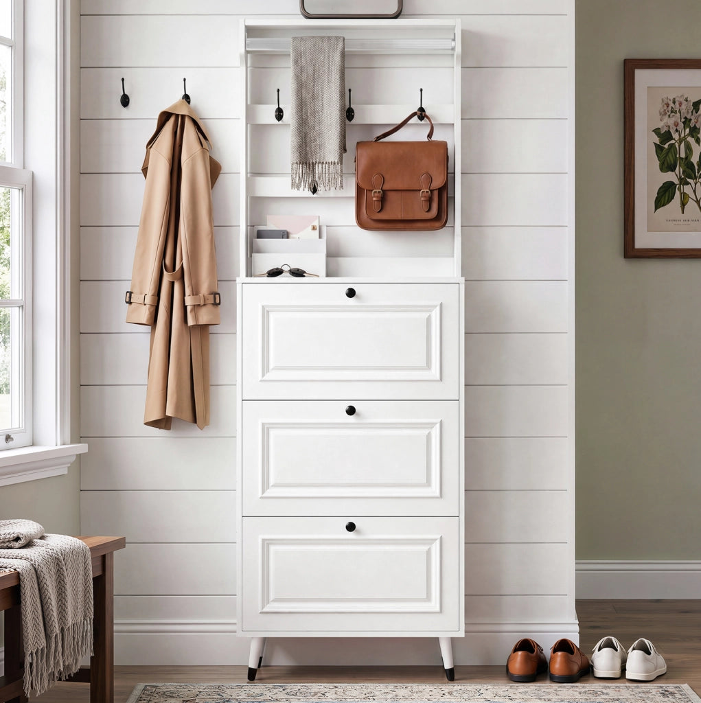 Guardaroba da ingresso 66x17x180 cm con appendiabiti e portascarpe in MDF e truciolare bianco