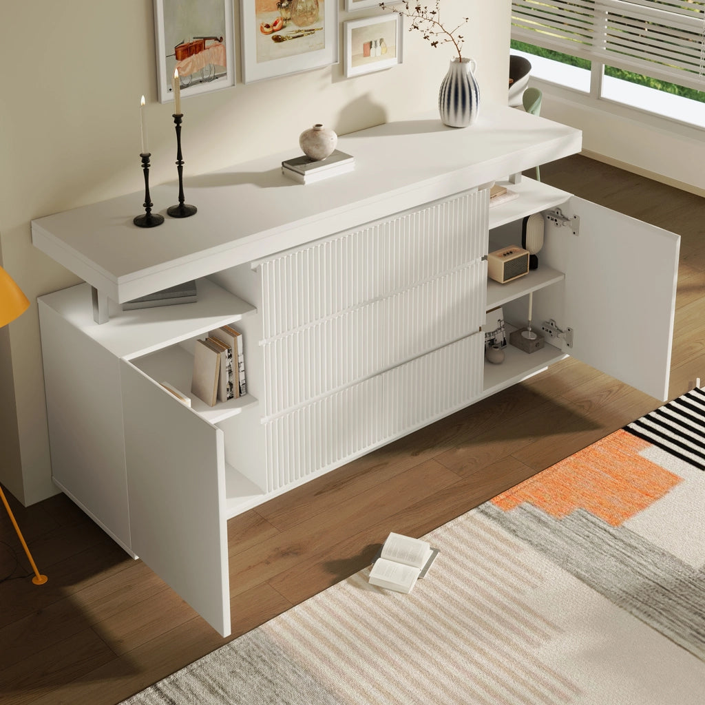 Credenza con 6 cassetti; 2 ante e illuminazione LED - per soggiorno - in MDF e metallo - 150×40×78 cm - bianco