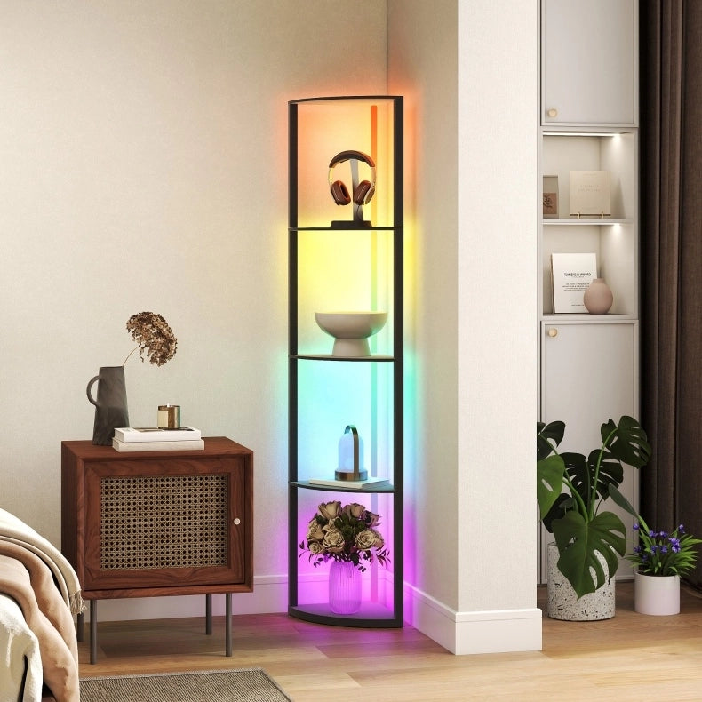 Lampada da terra LED RGB con scaffale, nera