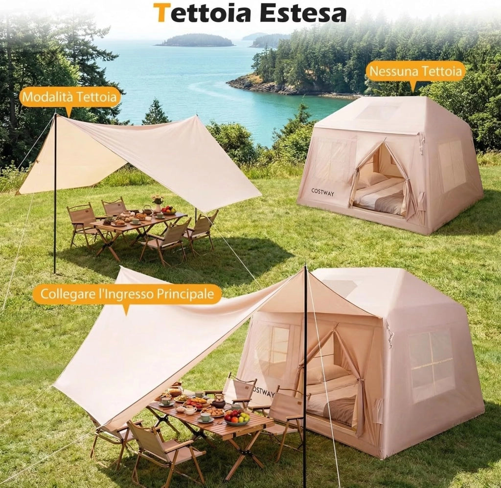 Tenda da Campeggio Gonfiabile per 4-6 Persone, Tenda Portatile da Esterno con Pompa, Porte e Finestre in Rete, Picchetti, Cordini Antivento e Borsa per il Trasporto per Viaggi e Escursionismo