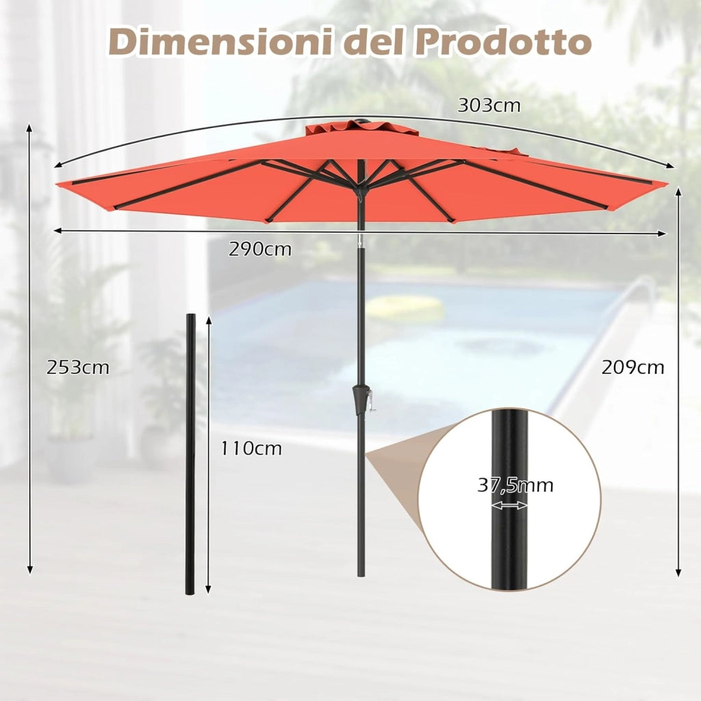 Ombrellone da Giardino, Diametro 290 cm, Ombrello da Spiaggia con Manovella e Inclinazione Regolabile, Ideale per Spiaggia, Balcone, Giardino (Arancione)
