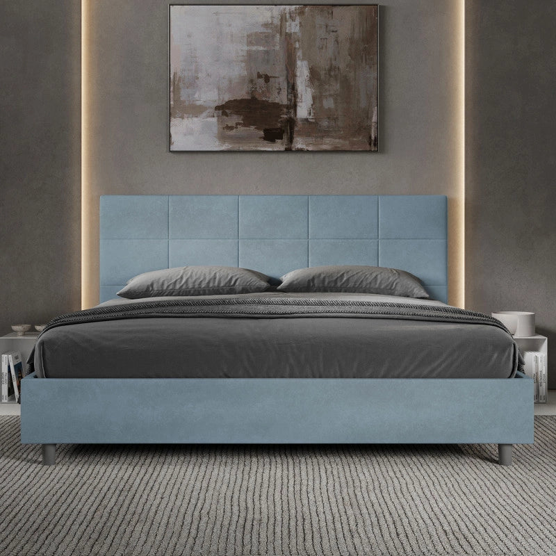 Letto imbottito Matrimoniale 200x200 cm Mika - Con rete,Microfibra,Azzurro