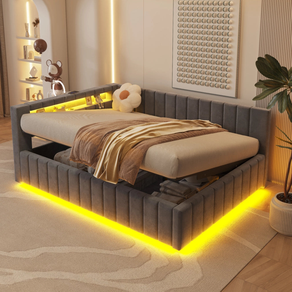 Letto imbottito 140x200 cm; contenitore idraulico con LED e USB; velluto grigio (Senza materasso)