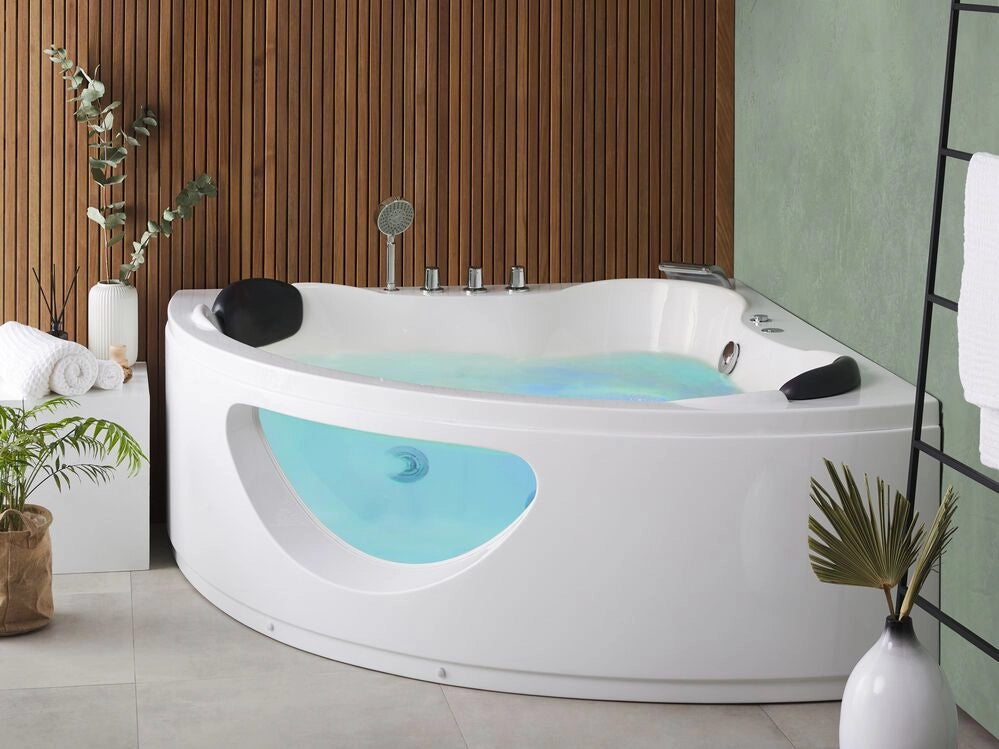 Vasca Idromassaggio Angolare Bianco Sanitario Acrilico con Luci LED 10 Getti Massaggio 146 x 146 cm Stile Moderno