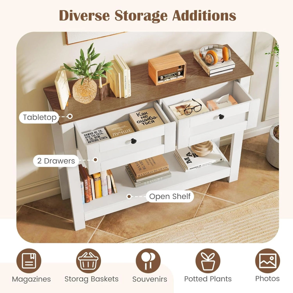 Tavolo consolle in legno a 2 livelli, mobile d'ingresso con 2 cassetti e ripiano inferiore, 106 x 30 x 81,5 cm, stile rustico, tavolino ausiliario stretto per soggiorno, corridoio