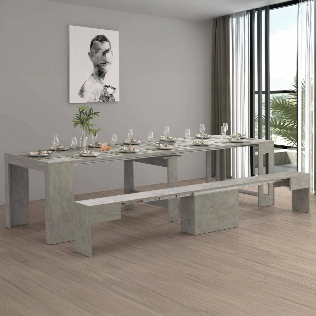 Set tavolo e sedie Badesi, Composizione multiuso, Set con consolle e 1 panca allungabili, 100% Made in Italy, 66x25h45 cm, Grigio