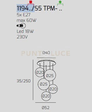 SOSP. CROMO 5 LUCI TONDO VETRI (3 PICCOLI +2 MEDI) TUTTI BRONZO 1194CR-S5 TPM-BR