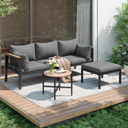 Set da Giardino con Divano Angolare, Tavolino e Pouf ¨C MINIMAL ¨C Polyrattan Grigio, Piano in Vetro